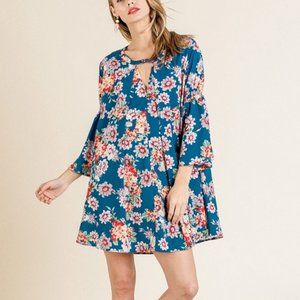 Umgee Floral Print Bell Sleeve Keyhole Dress